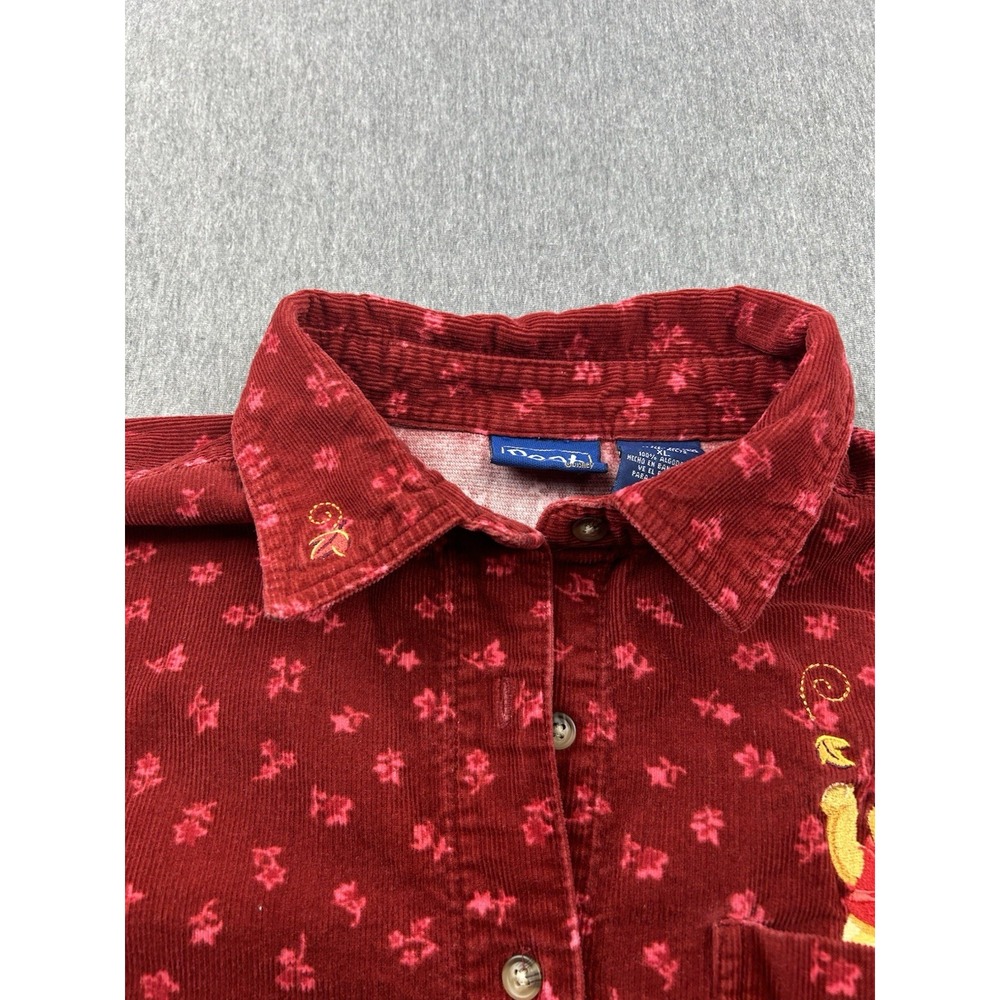 Disney Winnie The Pooh Shirt Womens XL Red Corduroy Leaves Embroidered Pocket - Picture 6 of 12